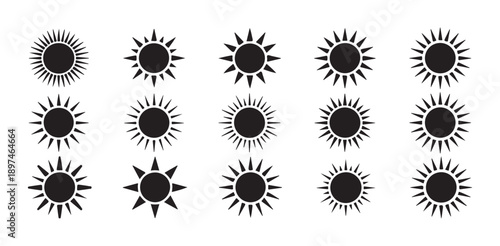 Black Sun Icons Set. Minimal Monochrome Sunny Weather Vector Collection. Vector illustration eps 10