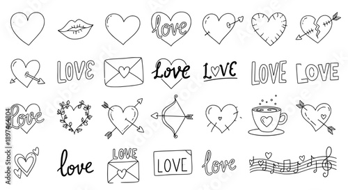 Heart and love symbols doodle set