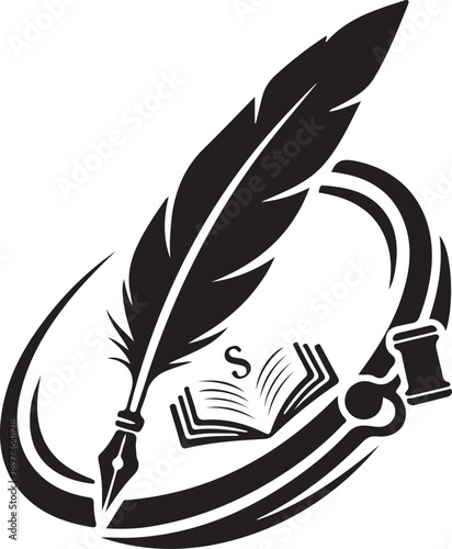 A black quill pen rests upon an open book symbolizing writing and literature