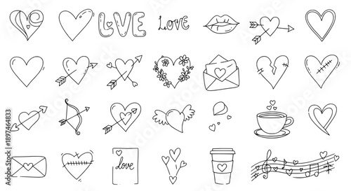 Heart love symbols doodle set