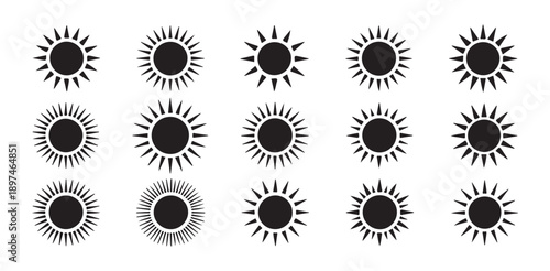 Black Sun Icons Set, with Different Ray Styles Isolated on White, Minimal Sun Symbol, Sunshine and Solar Sun, vector illustration eps 10