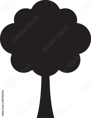 Simple black silhouette of a rounded leafy tree on a white background