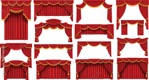Theater Stage Curtain Illustration Set Featuring Red Drapes, Valances, and Decorative Drapery for Show, Cinema, and Performance Design