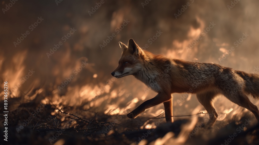 Obraz premium Fox walks through burning grass during wildfire on a dry evening in a forest setting