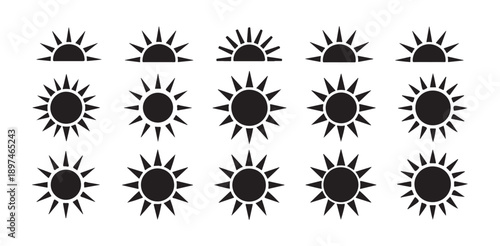 Black Sun vector set, Collection in Flat Minimal Style, Sun Symbol Icon Isolated on White Background, vector illustration eps 10
