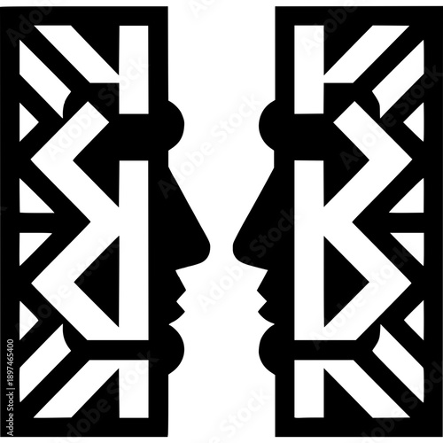Abstract Cultural Silhouette: A graphic representation of two faces in profile, framed within an intricate, geometric design, hinting at shared heritage and cultural connection.