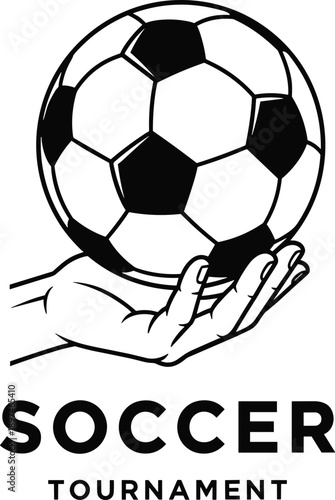 Black and white soccer tournament logo illustration with hand holding football ball sports competition emblem isolated on white background