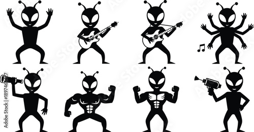 Funny alien silhouette characters set showing music, dancing, strength, and activities, cartoon extraterrestrial figures isolated on white background