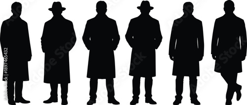 Group of anonymous men silhouettes wearing coats and hats, standing poses, mystery characters isolated on white background illustration