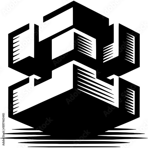 Geometric Cube Structure: A striking black and white depiction of a complex, multi-layered geometric cube, showcasing intricate design and spatial arrangement. 