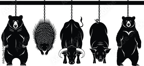 Hanging wild animals silhouette illustration showing bear, hedgehog, bull and pig suspended on chains, surreal concept in black and white vector style