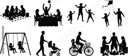 Happy family activities silhouette set with parents and children dining, playing, cycling, flying kite, picnic, and leisure moments