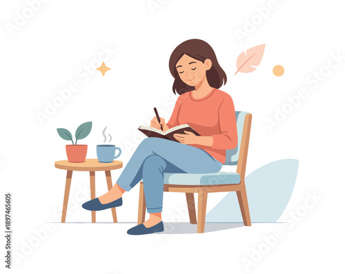 Woman writing in notebook on chair with coffee, flat vector illustration
