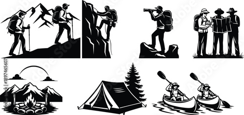 Outdoor adventure and exploration silhouettes showing hiking, climbing, camping, kayaking, photography, and trekking activities in nature landscape black vector set