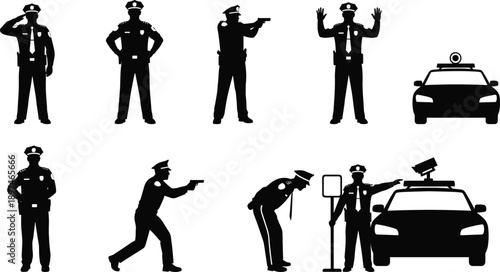 Police officer silhouette set with law enforcement actions, uniformed cops, patrol car, arrest poses, security authority, and public safety concepts