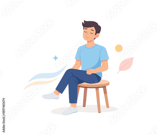 Relaxed man sitting on stool with peaceful expression, flat vector illustration