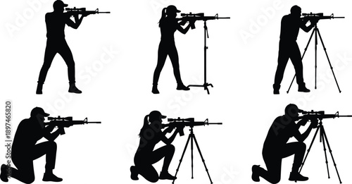 Sniper shooting silhouettes set showing men and women aiming rifles with tripods, military and sport shooting poses isolated on white background