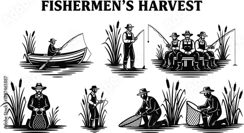 Vintage fishermen harvest illustration showing traditional fishing scenes, men working with nets and rods, classic rural lifestyle artwork collection