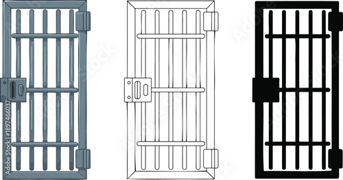Prison or jail cell gate silhouette & Outline and illustration set isolated on transparent background