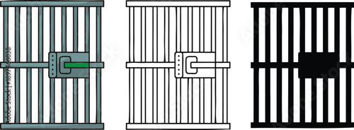 Prison or jail cell gate silhouette & Outline and illustration set isolated on transparent background