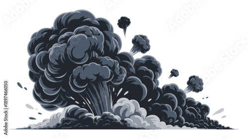 Explosive smoke clouds vector set with dark swirling puffs isolated on transparent background ideal for effects action scenes and dramatic design elements