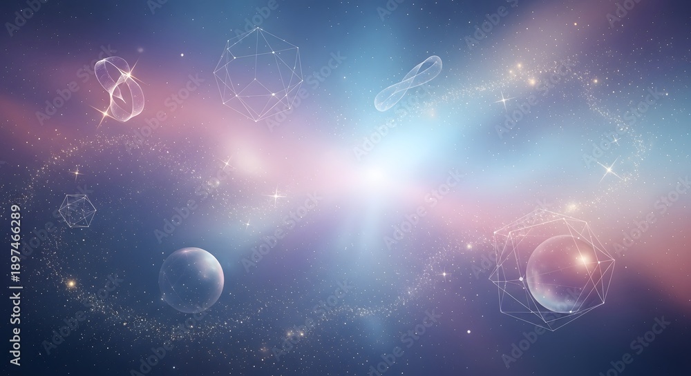 Naklejka premium Cosmic nebula with geometric wireframe shapes and star light