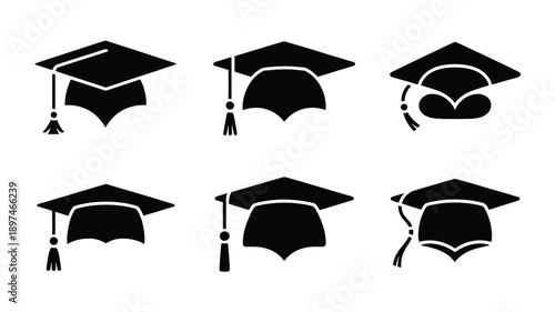 Graduation cap vector illustration set in black and white showing different angles and styles ideal for education graduation ceremony and academic design
