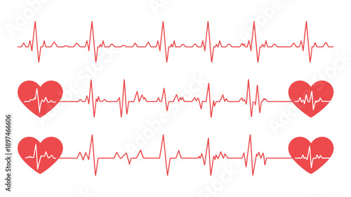 Red heartbeat ECG line vector collection with heart symbols representing cardiology medical pulse health monitoring and digital healthcare graphics