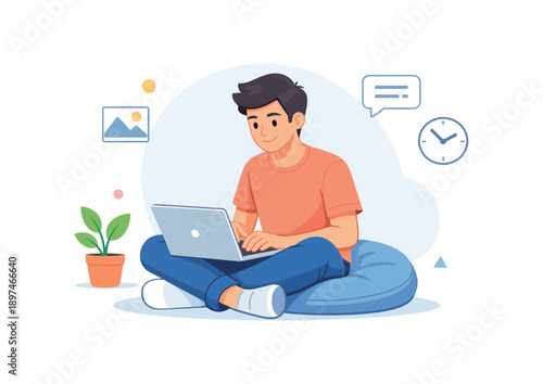 Man with laptop on bean bag, casual work setup, flat vector illustration