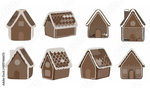 Handmade gingerbread houses flat vector set with icing details for Christmas holiday dessert illustrations