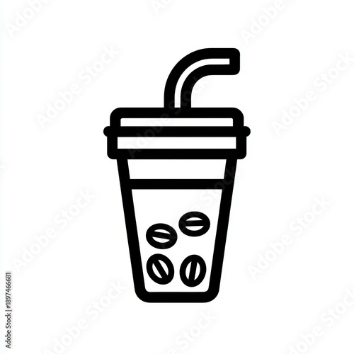 Minimalist Black Silhouette Icon of a Takeaway Coffee Cup with Straw and Floating Coffee Beans

