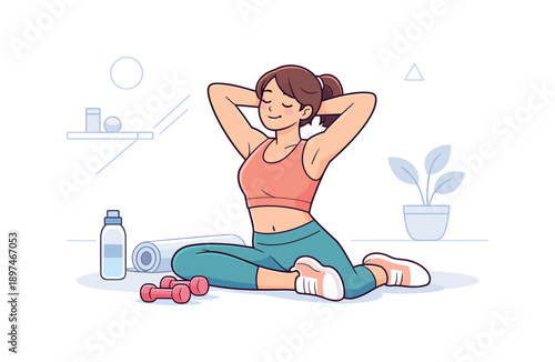 Woman relaxing in yoga pose with fitness equipment, flat vector illustration