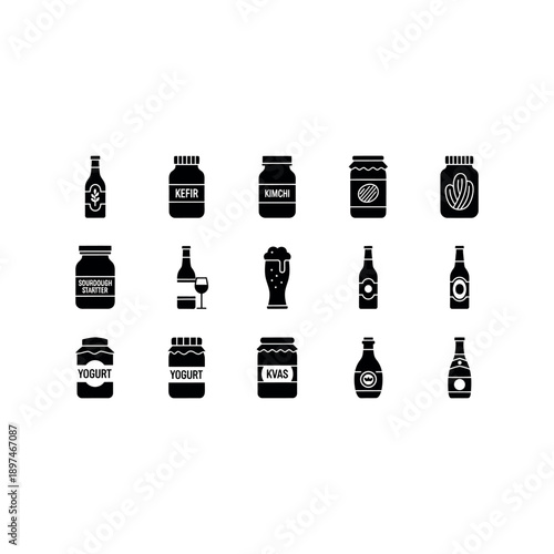 A collection of various fermented food and drink icons displayed