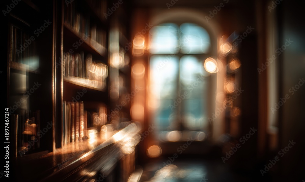 Obraz premium A blurry image of a library with a window and shelves of books