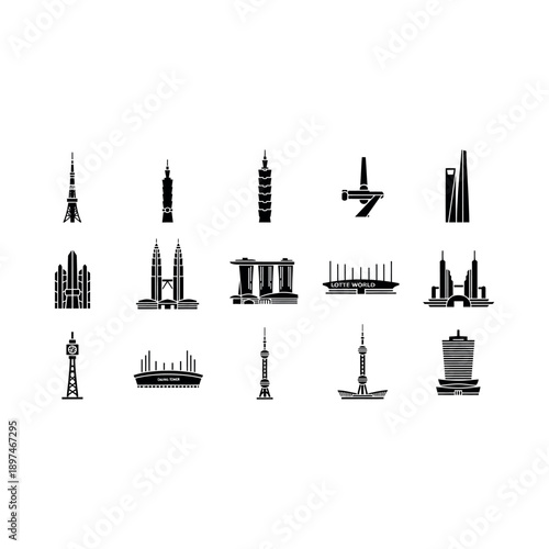 Various iconic city skyscrapers and landmarks illustrated