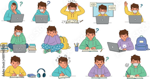 Boy student studying and learning with laptop and books, different emotions from confusion to success, online education and homework concept, flat vector illustration set