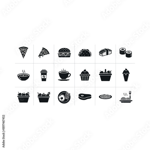 A collection of various food and drink icons are shown in black and white.
