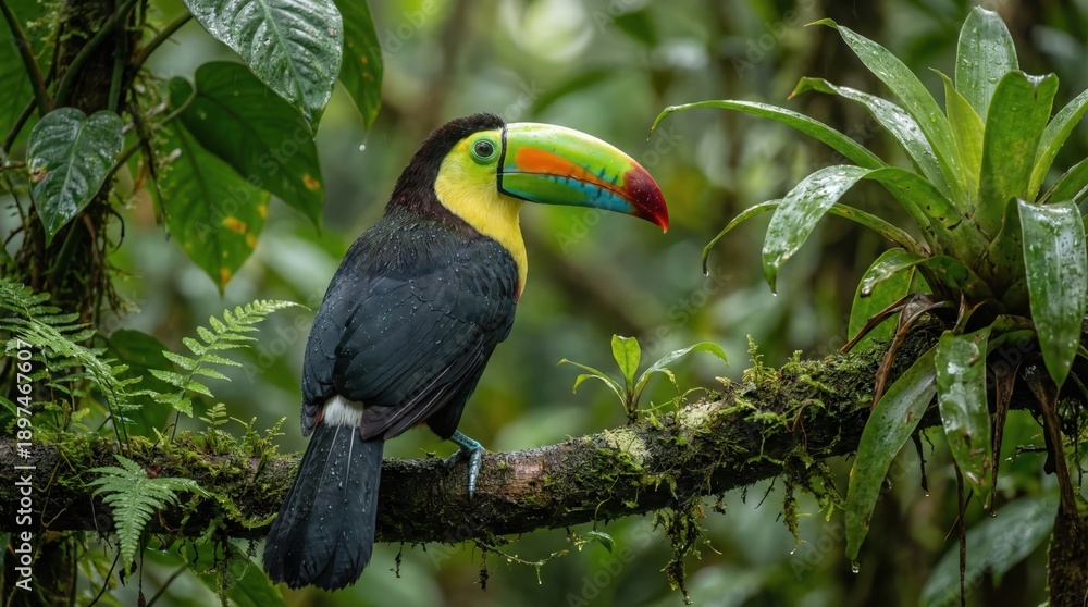 Fototapeta premium Vibrant Toucan Perched on a Mossy Branch in a Lush Green Rainforest During a Gentle Rain Shower