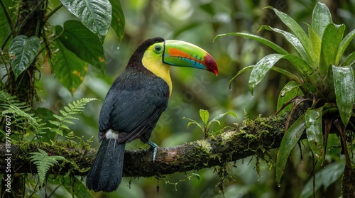 Vibrant Toucan Perched on a Mossy Branch in a Lush Green Rainforest During a Gentle Rain Shower