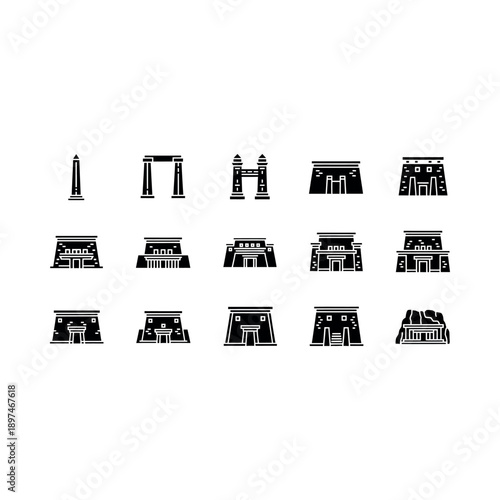 Ancient stone structures and monuments are illustrated in a collection of graphic designs.