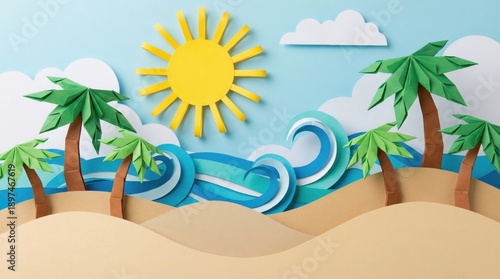 Whimsical Paper Cutout Tropical Beach Scene with Palm Trees Rolling Waves Bright Sun and Fluffy Clouds Under a Blue Sky