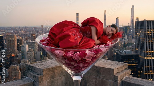 Woman in a Red Dress Floats in a Giant Martini Glass Filled with Rose Petals Overlooking a City Skyline at Sunset with Dramatic Lighting