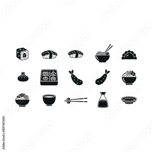 Illustration of various sushi dishes and utensils on a plate.