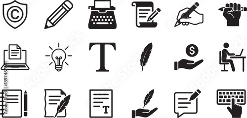 Copywriting icon set featuring content writing, marketing, editing, creativity and communication symbols.
