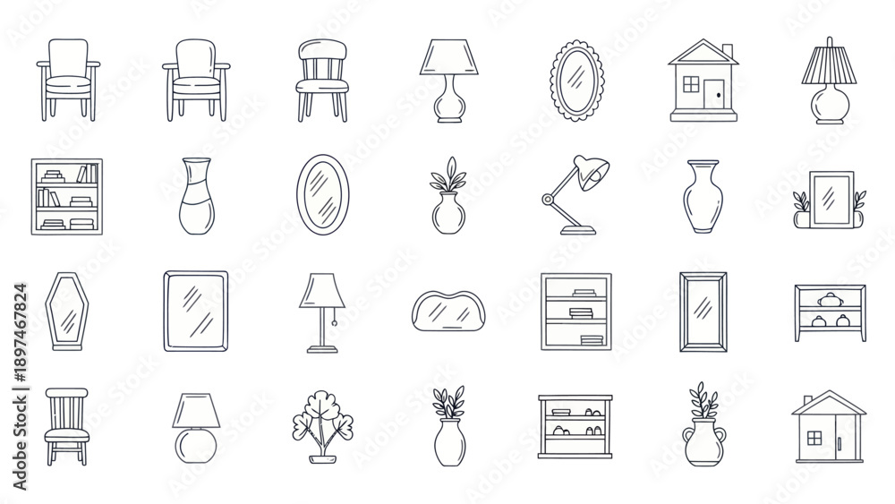 Fototapeta premium Hand Drawn Furniture and Home Decor Icons Vector Set