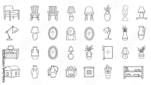 Hand Drawn Furniture and Home Decor Icons Set
