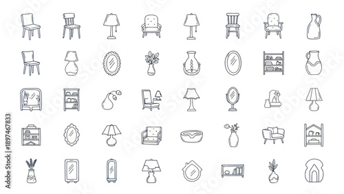 Hand Drawn Furniture Icons Set: Chairs, Lamps, Beds, Vases, Mirrors, Dressers