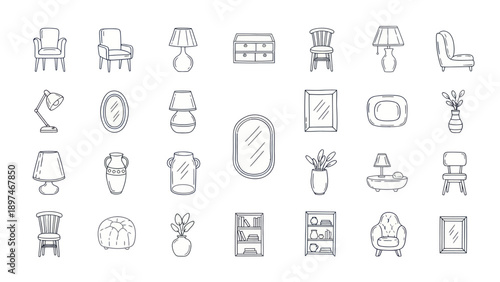 Hand Drawn Furniture Icons Set: Chairs, Lamps, Tables, Mirrors, Vases, Cabinet