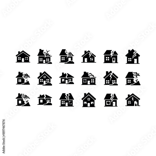 Illustrations of damaged houses with broken windows and roofs.