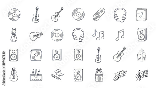Hand Drawn Music Icons: Guitar, Headphones, Vinyl, Notes, Speaker & More